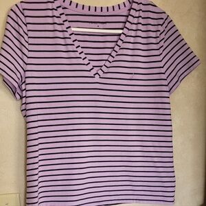 Nautica Lavender and Black Cropped Stripped V- Neck T- Shirt